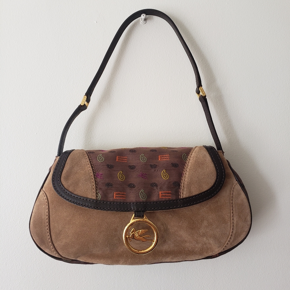 Vtg Etro tan suede mini hobo bag multicolor paisley